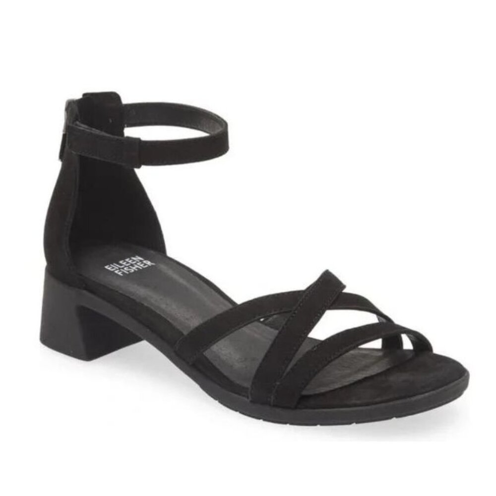 Eileen Fisher Noni Size 9 Black Leather Block Heel Sandal